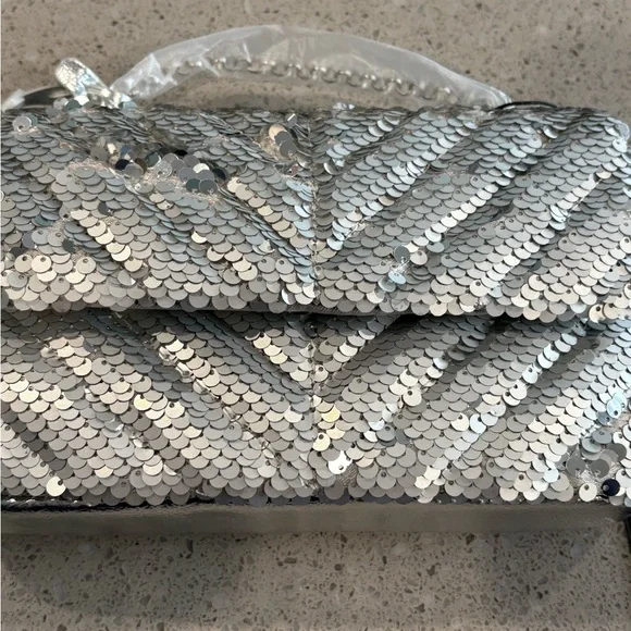 Nicole Miller Shimmering Silver Sequin Evening Bag Nicole Miller Silver Sequin Quilted Chain Strap Crossbody  main image 4